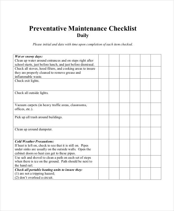 preventive maintenance checklist template excel