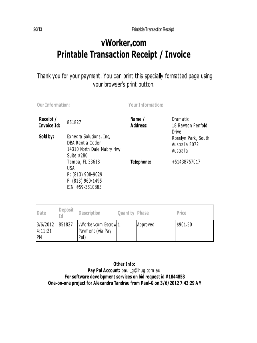 printable transaction receipt