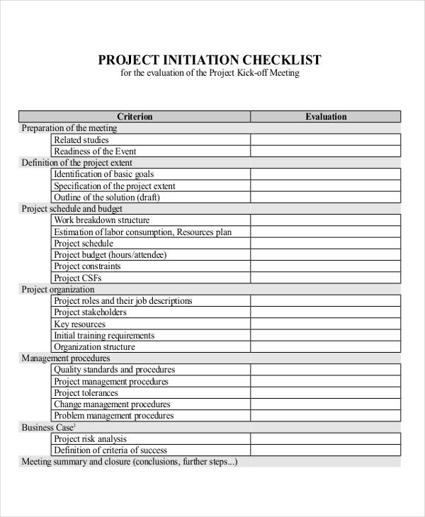 project initiation checklist