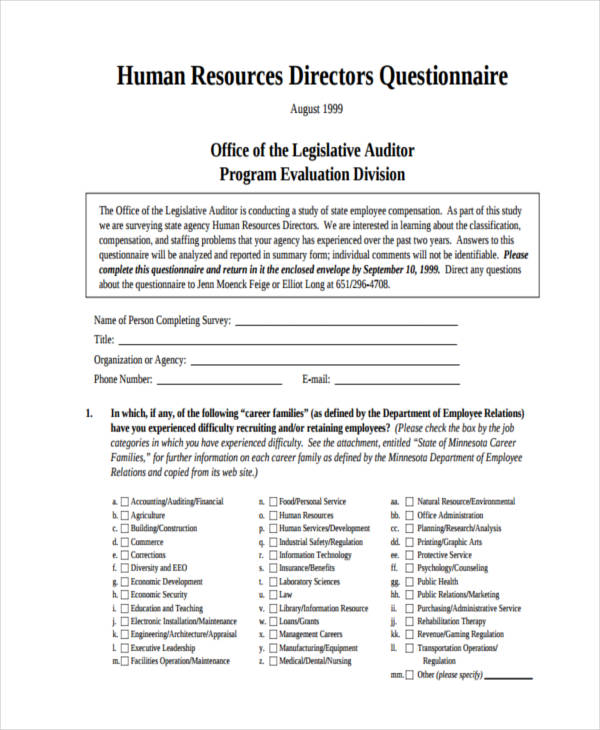 HR Questionnaire 9+ Examples, Format, Pdf Examples