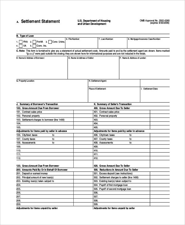 Real Estate Settlement Sample