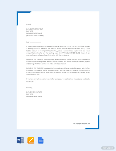 recommendation letter for a teacher template
