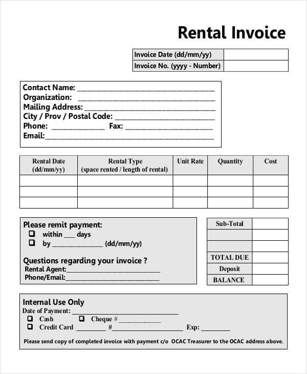 simple invoices format for renting equipment