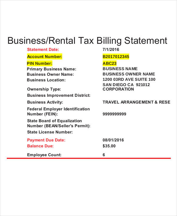 rental tax billing statement