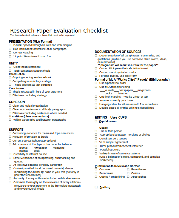 checklist for research paper