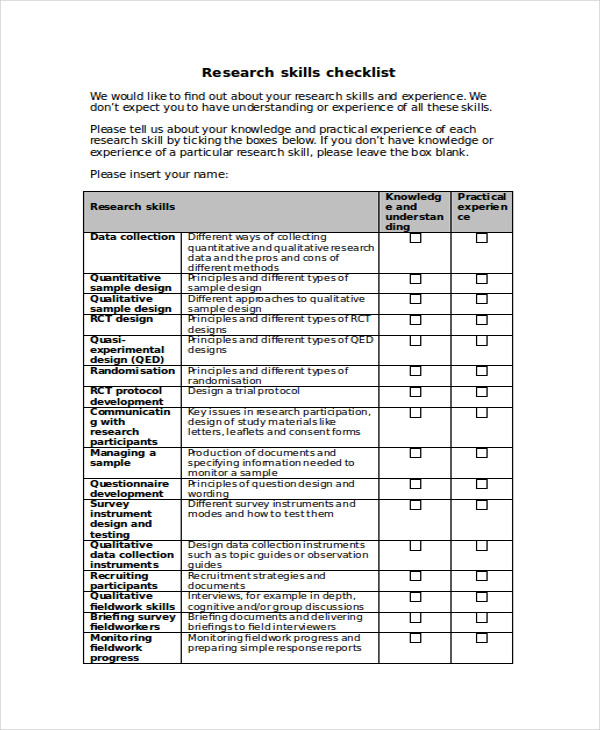 research instrument checklist example