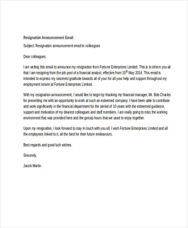 Resignation Announcement Sample