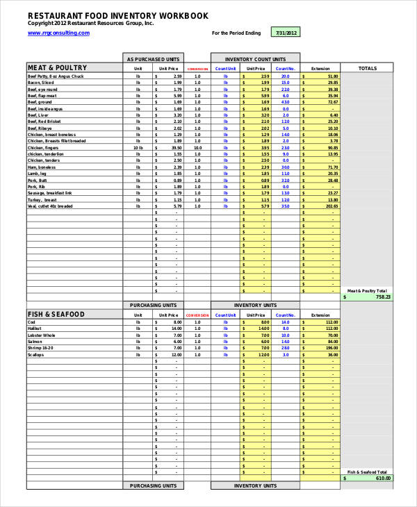 restaurant food inventory workbook