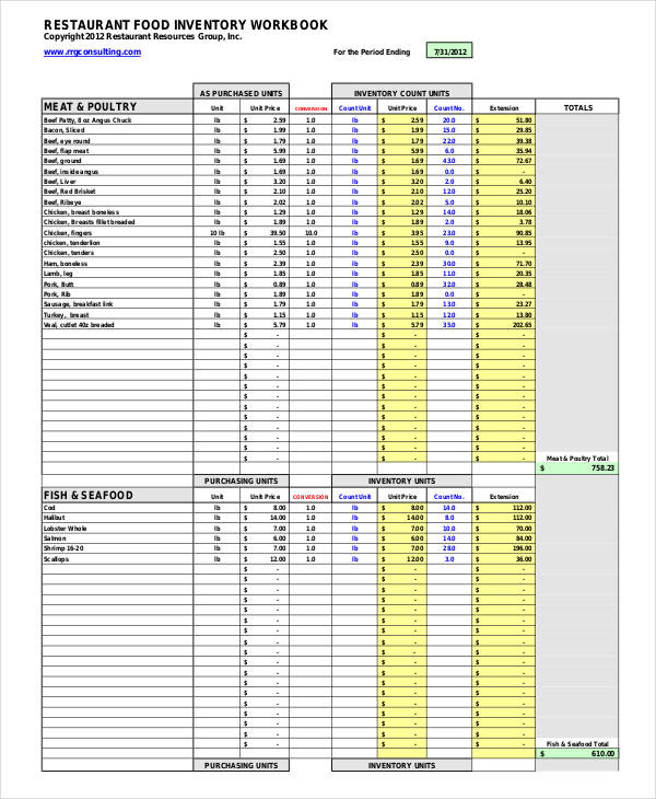 Restaurant Food Inventory Workbook