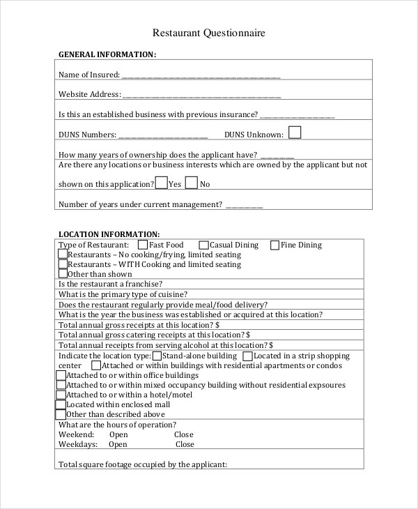 Restaurant Questionnaire 8 Examples Format Pdf Examples