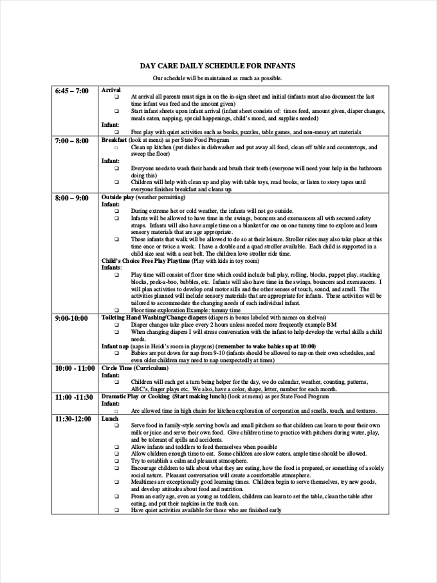 Daycare Schedule 8 Examples Format How To Prepare Pdf