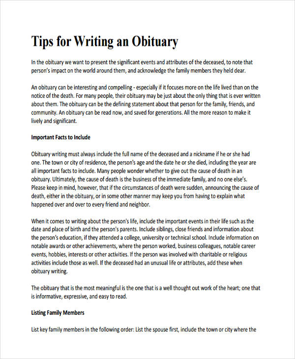 Obituary Writing 5+ Examples, Format, Pdf Examples