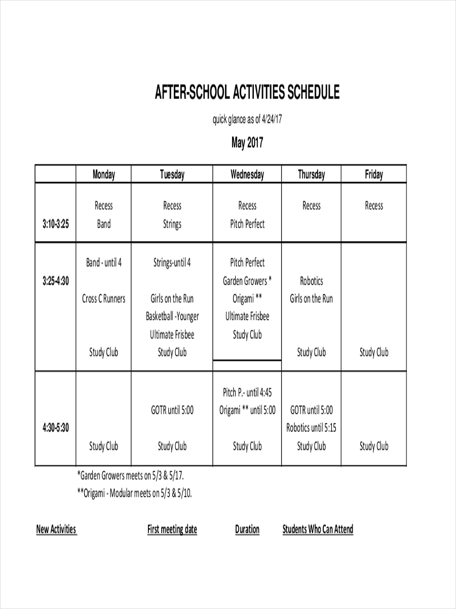 schedule for afterschool activity