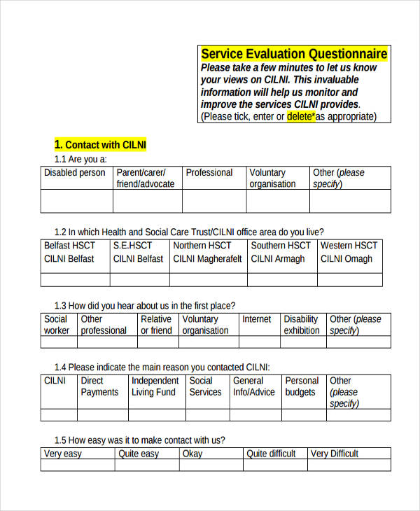 Service Questionnaire 11+ Examples, Format, Pdf Examples