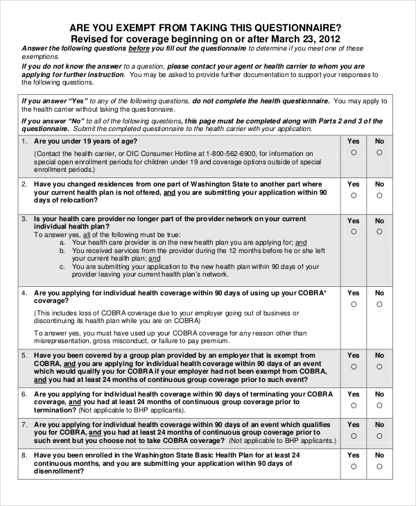 standard health questionnaire