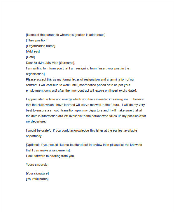 standard resignation notice