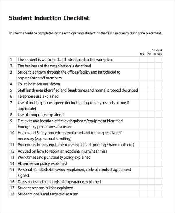 student induction checklist