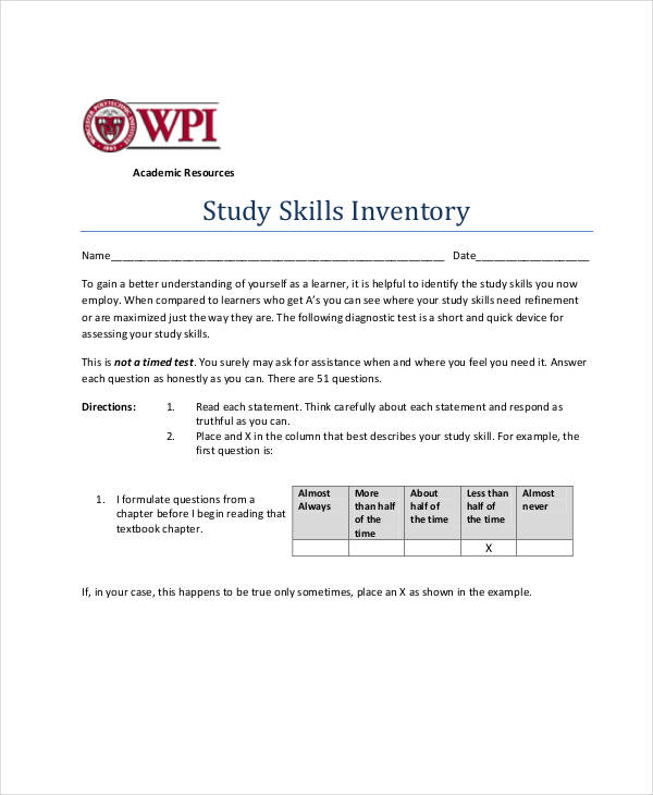 Study Skills Inventory Example