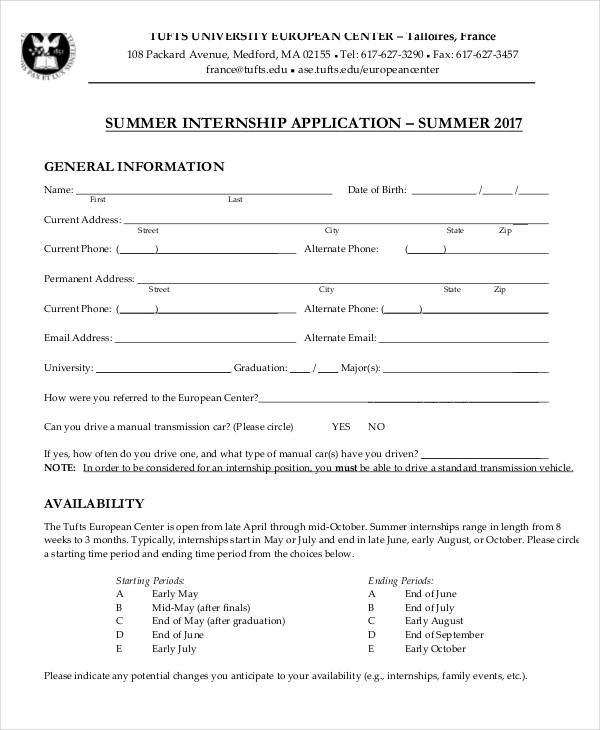 Internship Application - 8+ Examples, Format, How to Follow, Pdf