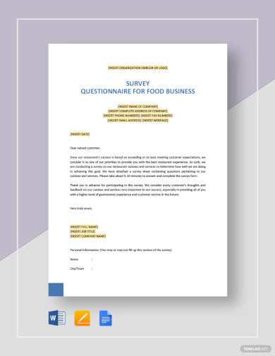 survey questionnaire for food business template