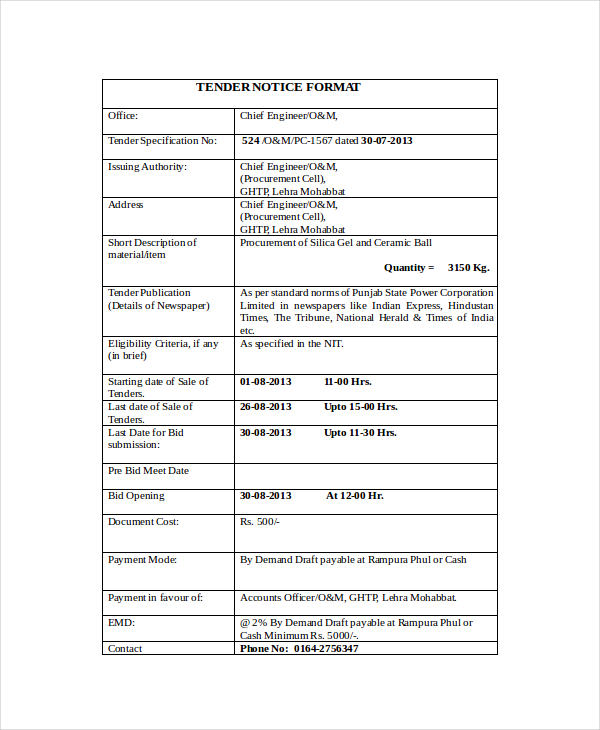 Tender Notice 8+ Examples, Format, How to Use, Pdf