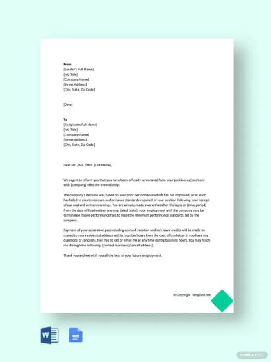 Termination Letter Due to Poor Performance Template