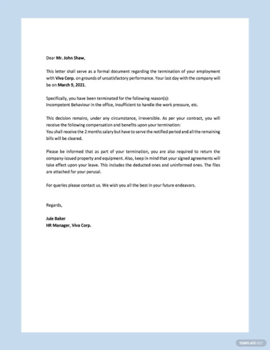 Termination Letter Template for Poor Performance