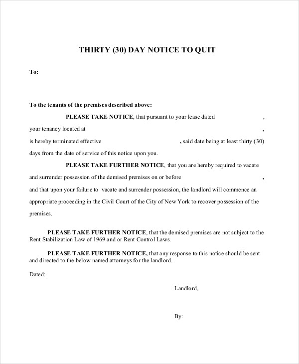 thirty day notice to quit