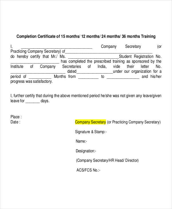 training completion certificate