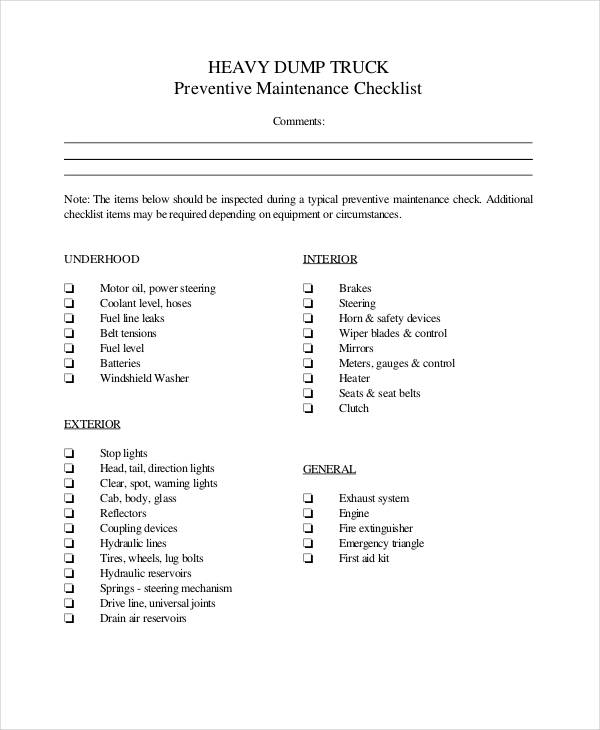 Truck Maintenance Checklist