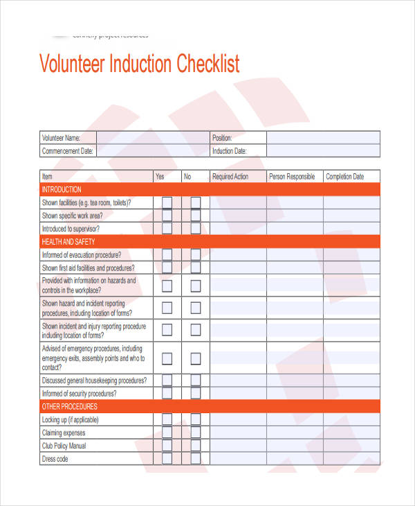 volunteer induction checklist