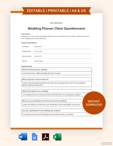 wedding planner client questionnaire