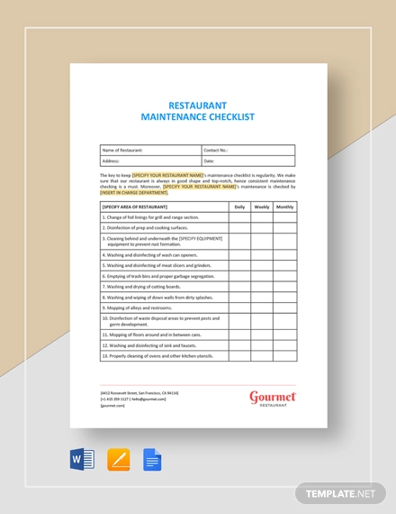 Kitchen Equipment Preventive Maintenance Checklist Template