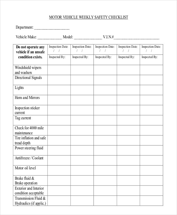 weekly vehicle checklist