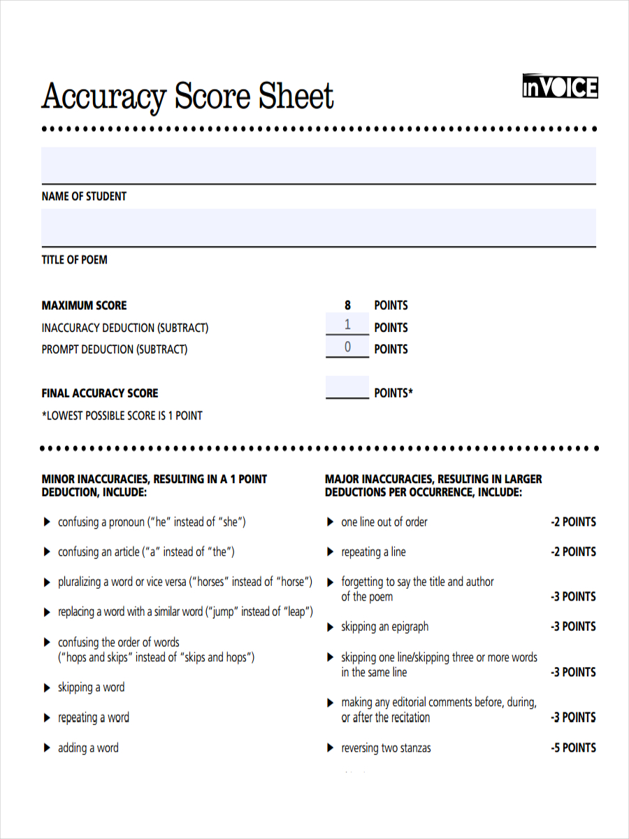 Score Sheet 17 Examples Format Pdf