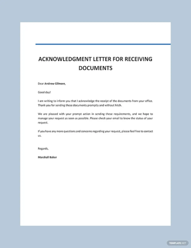 acknowledgement letter for receiving documents template
