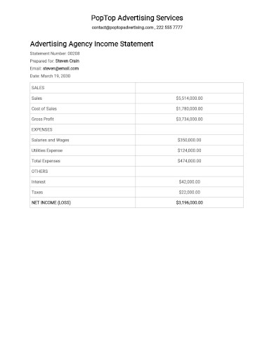 Advertising Agency Income Statement Templates