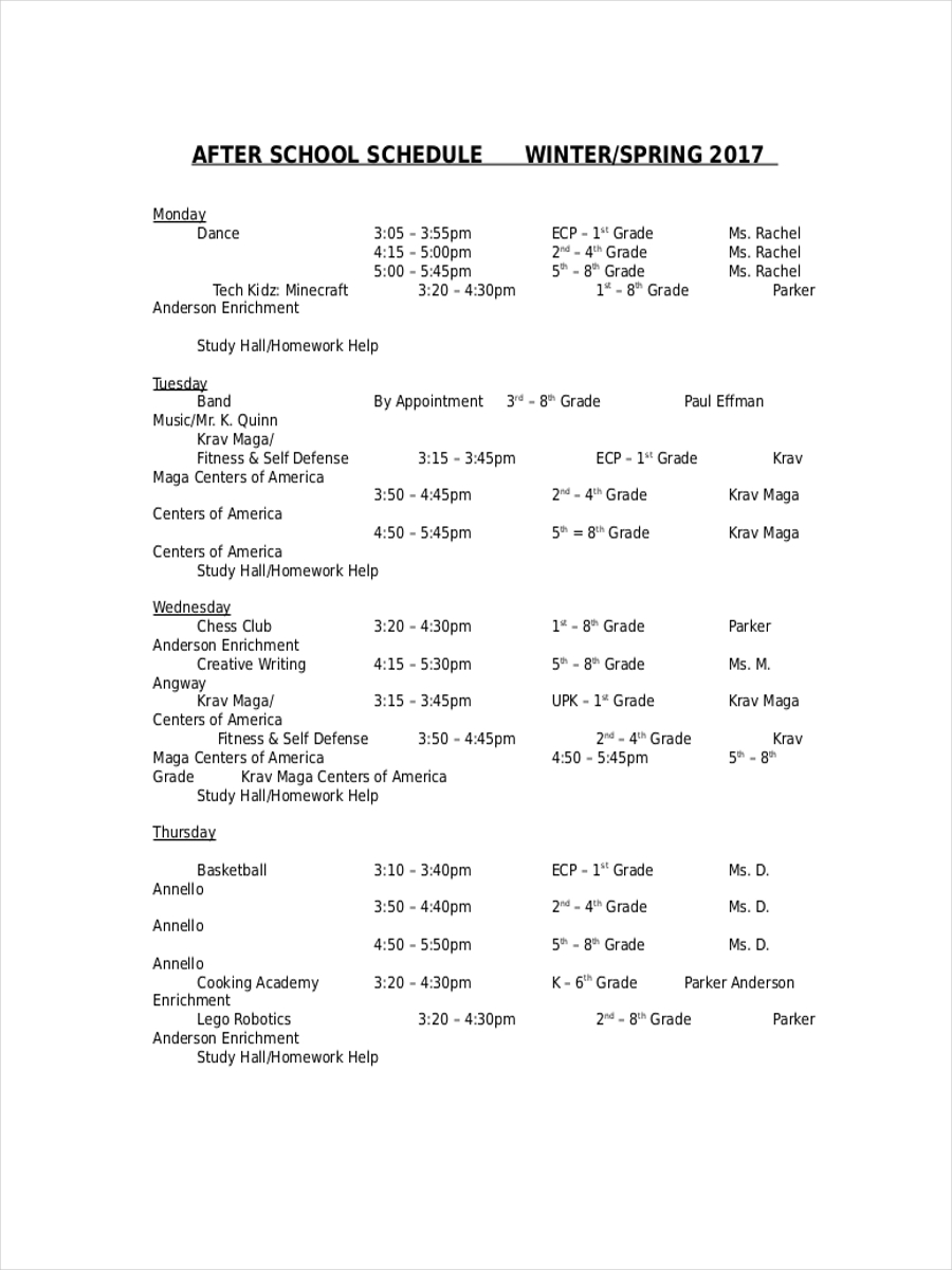 printable daily schedule for afterschool