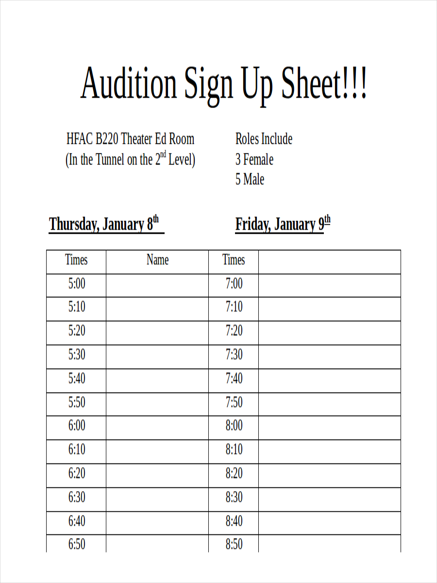 Audition Sign In Sheet Template DocTemplates