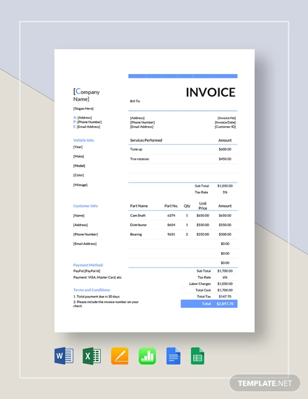 Auto Repair Estimate Invoice Template