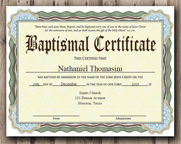 Baptism Sample Certificate