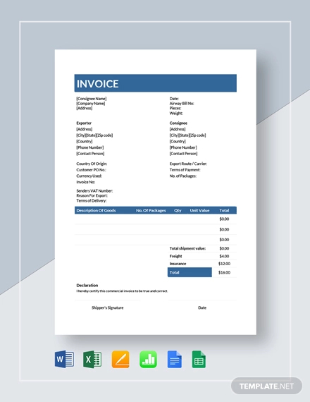 Blank Commercial Invoice Template