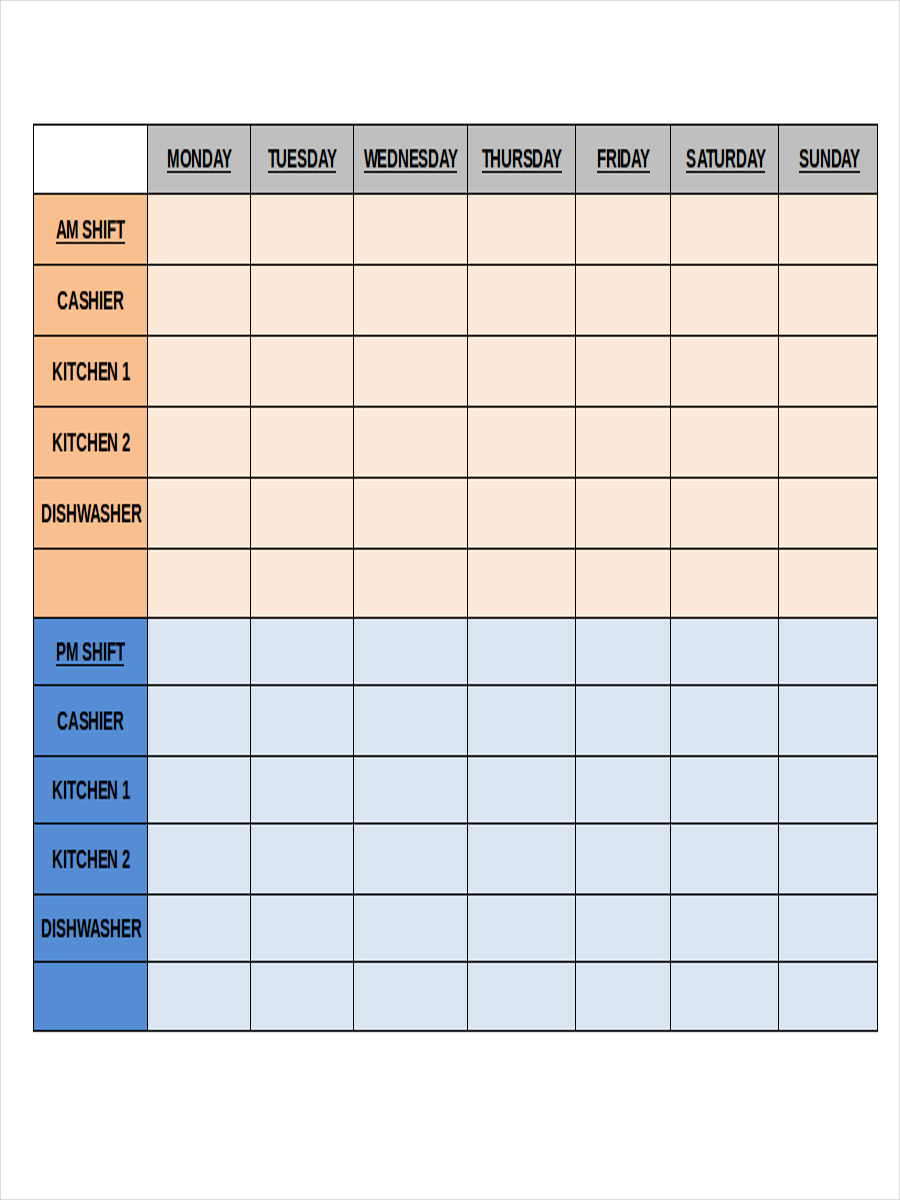 blank restaurant schedule sample