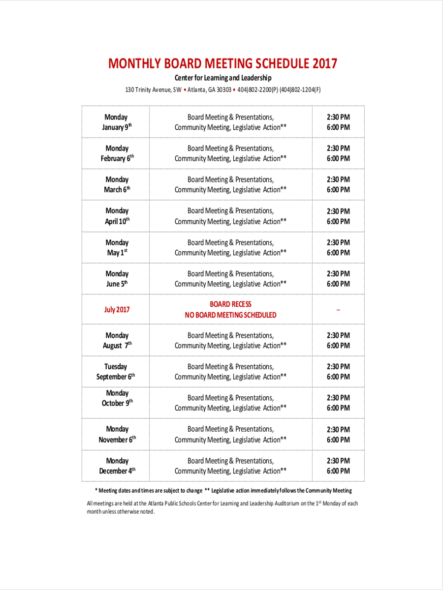 Board Meeting Schedule Example