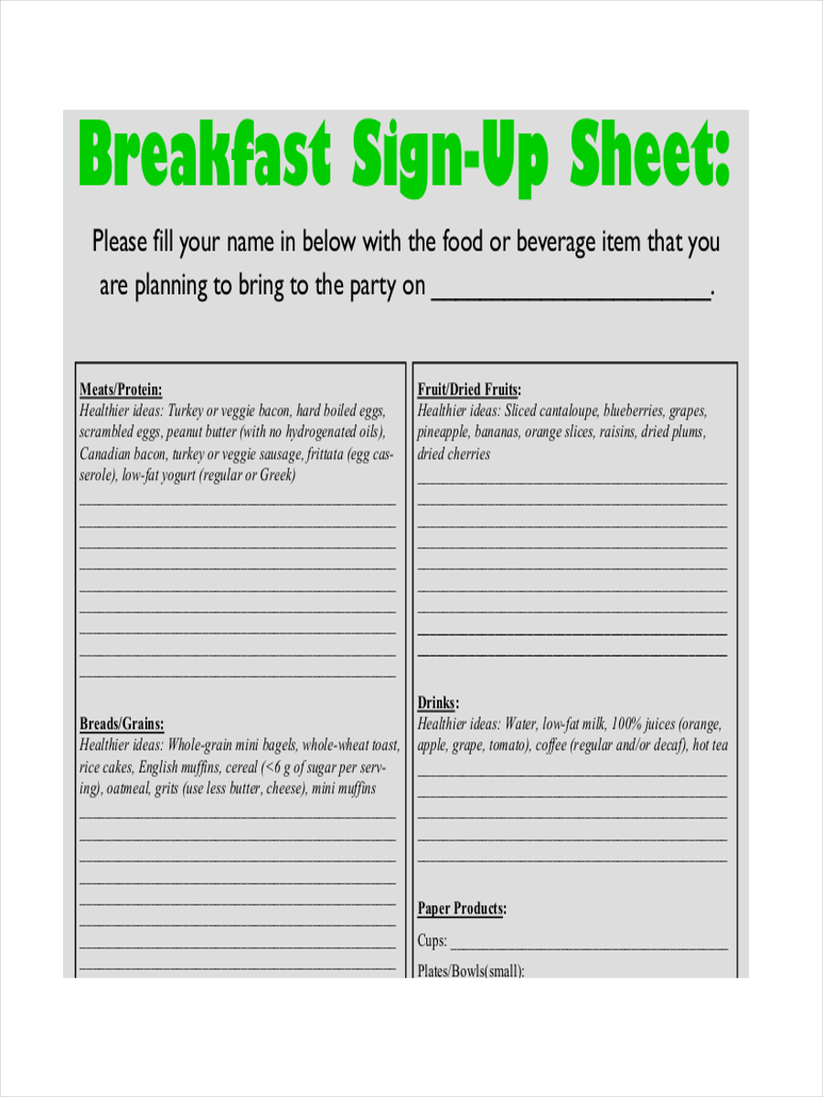 Breakfast Sign Up Sheet