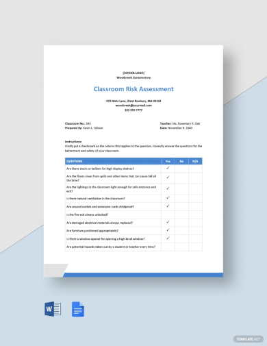 classroom risk assessment template