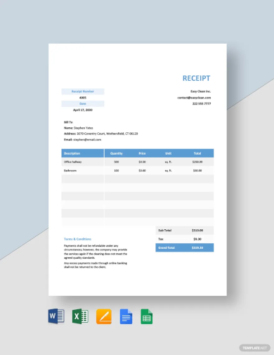 cleaning payment receipt template