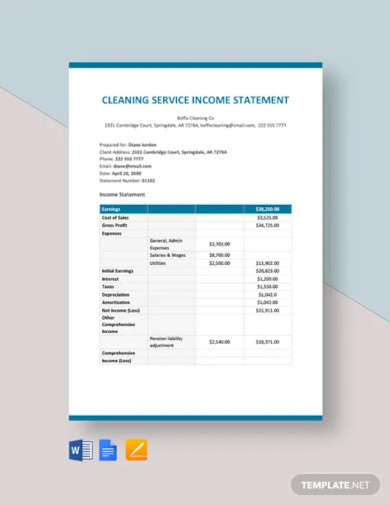 Cleaning Service Income Statement Template