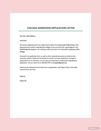college admission application letter template