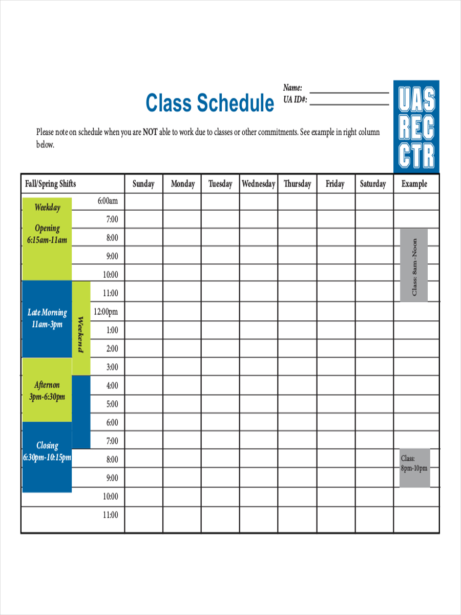 College Class Schedule Example